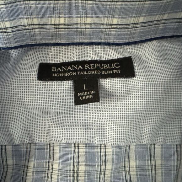 Banana Republic Men's L. Non-Iron Slim Fit Plaid Blue/White Long SLV Button Down - Picture 2 of 3